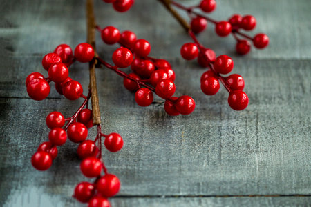 Christmas decorations red berries on a wooden background close up