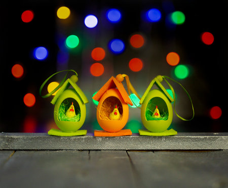 Easter background with bright bokeh with Easter egg decor, Easter backgroundの写真素材