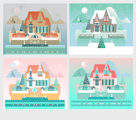 Island Resort House Illustration with Four Seasons Landscapesのイラスト素材