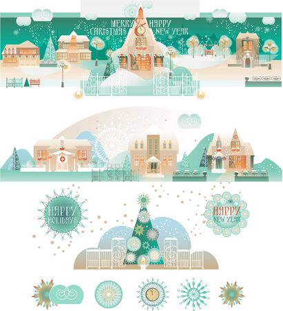Set of Banners with Winter Eve Cityscapesのイラスト素材