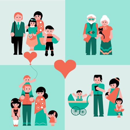 Family figures icons set of parents, children, couple isolated vector illustrationのイラスト素材