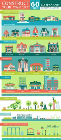 Big set with Architectural and Decorative Elements to Construct Your Own City. Municipal, Infrastructure, Cottages, Stores, Business Buildings, Trees, Fences, Street Lights. Map Creator.のイラスト素材