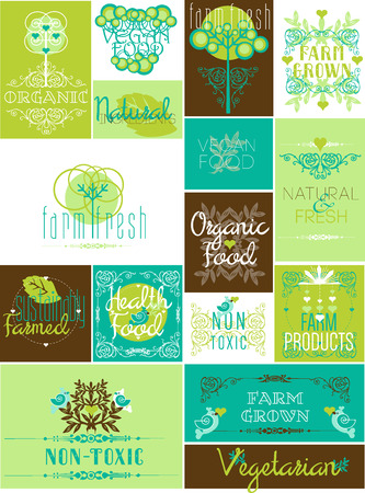 Set of flat vintage Eco icons for organic food and drinkのイラスト素材