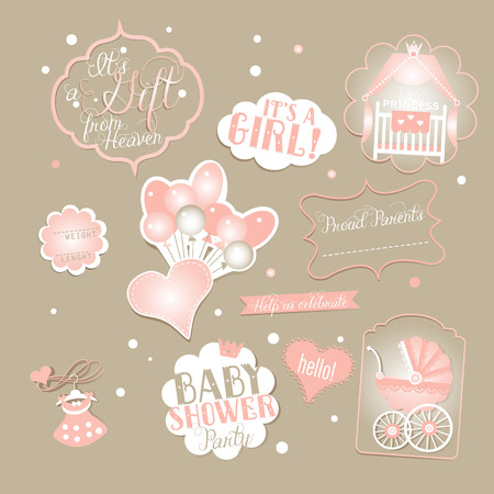 Scrapbook Design Elements. Vintage Baby Girl Vector Setのイラスト素材