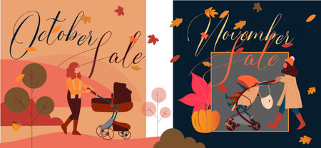 Woman walking with strollers in autumn park. Sale banner.のイラスト素材