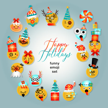 Emoji Christmas emotions icons cute funny vector setのイラスト素材