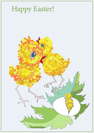 Happy Easter card with chickens and chicken hatching out of the shellの写真素材