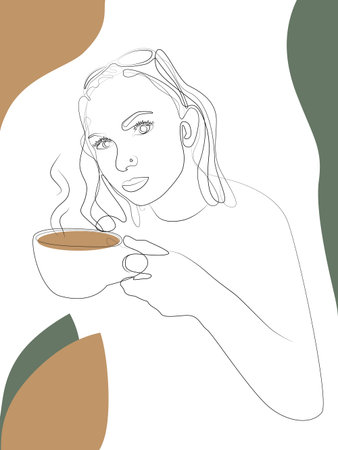 Girl drinking coffee line art drawing portraitのイラスト素材
