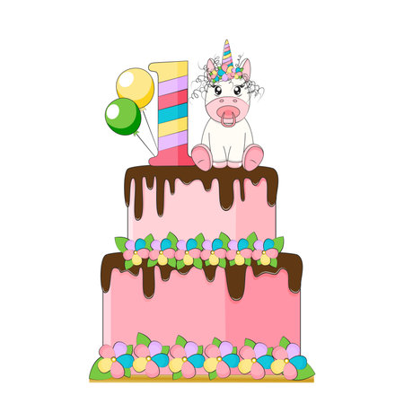 Birthday cake with unicorn on first year stock vector illustrationのイラスト素材