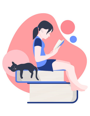 Girl sitting on the books and reading a book, book lovers day stock vector illustrationのイラスト素材