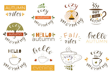 Set of 12 hand drawn fall quotes. Autumn lettering phrases with cute elements and lineart vector illustration.のイラスト素材