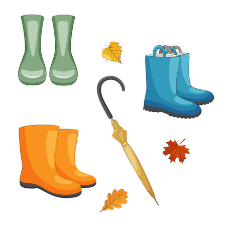 Colourful autumn rubber boots set stock vector illustration.のイラスト素材