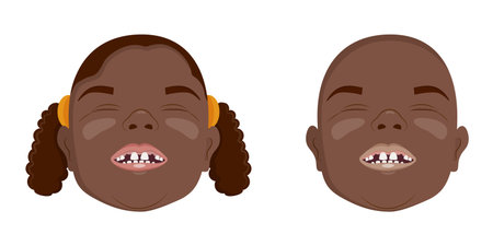 African toothless boys and girls smiling, fallen milk teeth, vector illustration.のイラスト素材