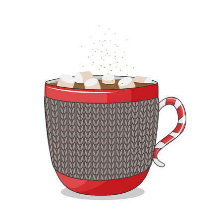 Christmas red cup with hot chocolate and marshmallows, winter dessert, vector illustration.のイラスト素材