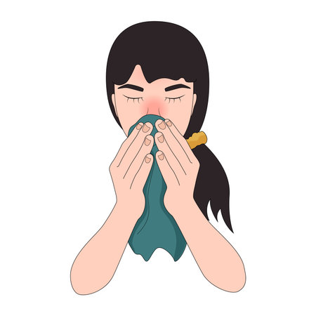 Girl with flu symptoms blowing her runny nose with a handkerchief, sneezing, vector illustration.のイラスト素材