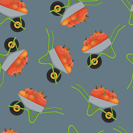 Wheelbarrow with pumpkins seamless pattern on grey background. Vector illustration.のイラスト素材