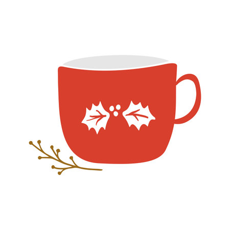 Red christmas cute cup for tea and coffee in doodle style. Vector illustration.のイラスト素材