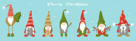 Christmas gnomes set, winter holiday greeting card, vector illustration.