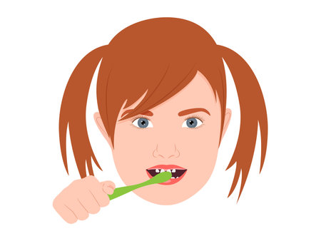 Cute girl brushing teeth, kids oral hygiene. Vector illustration.
