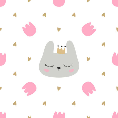 Tulip floral seamless pattern with cute bunny face. Vector illustration.のイラスト素材