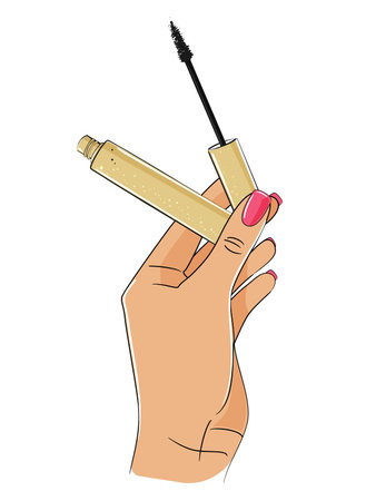 Eyelashes mascara with brush in woman hand on white background. Vector illustration.のイラスト素材