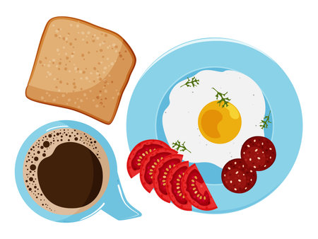 Morning healthy breakfast. Plate with fried egg, sausage, bread and tomatoes. Coffee cup. Vector illustration.のイラスト素材
