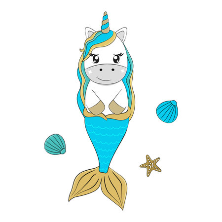 Cute magic mermaid unicorn and seashells. Vector cartoon illustration.のイラスト素材