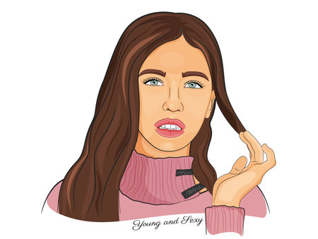 Beautiful young sexy girl with long hair, vector portrait. Fashion illustration. Vector illustrationのイラスト素材