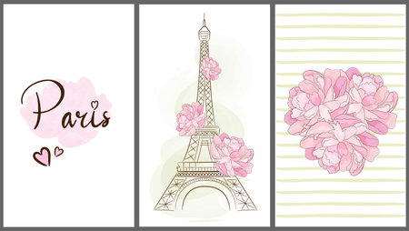 Cards with Paris symbols. Eiffel Tower. Peony. Vector illustration.のイラスト素材