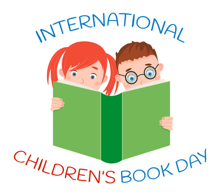 International Childrens book day. Little boy and girl readinf book. Vector illustration.のイラスト素材