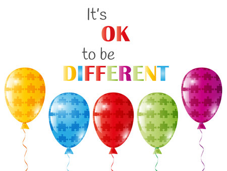Autism Awareness Day. Its ok to be different text. Colorful balloons. Vector illustration.のイラスト素材