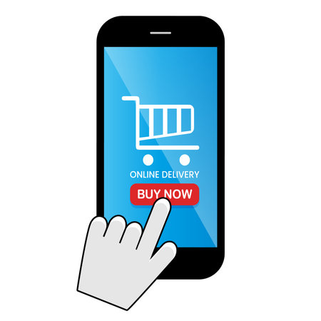 Online delivery concept. Hand touch screen. Vector illustration.のイラスト素材