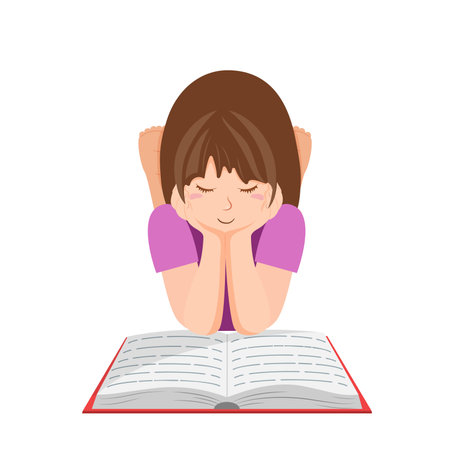Little girl lying and reading a book. Vector illustration.のイラスト素材