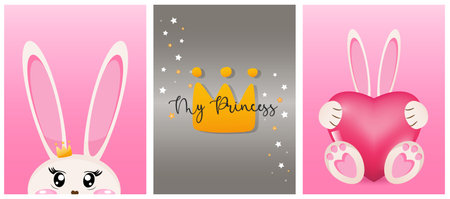 Cute bunny, rabbit with pink heart and princess crown cards. Vector illustration.のイラスト素材