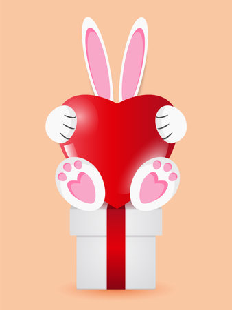 Cute bunny, rabbit with pink heart sitting on gift box. Vector illustration card.のイラスト素材