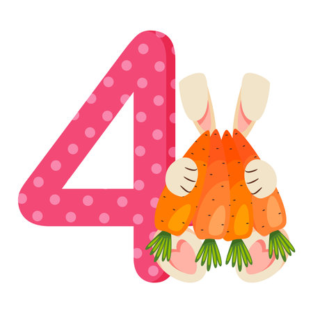 Number 4 four for kids. Learn to count with funny bunny. Vector illustration.のイラスト素材