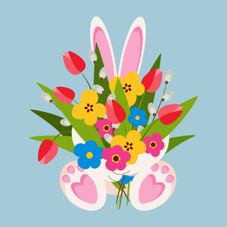 Cute baby bunny, rabbit holding bouquet of flowers vector illustration.のイラスト素材