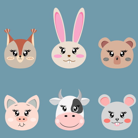 Cute cartoon animal faces set. Vector illustration.のイラスト素材