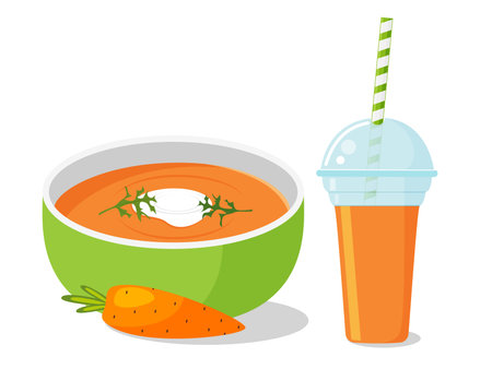 Carrot soup and juice. Healthy meal. Vector illustration.のイラスト素材