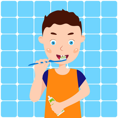 Little boy brushing teeth, kids oral hygiene. Vector illustration.のイラスト素材