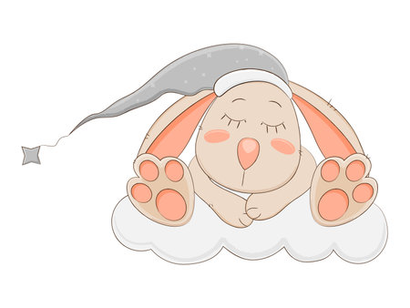 Cute cartoon bunny sleeping on cloud. Vector illustration.のイラスト素材