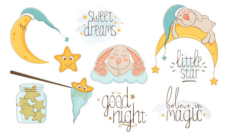 Sleeping bunny set with moon, stars and quotes. Vector illustration.のイラスト素材