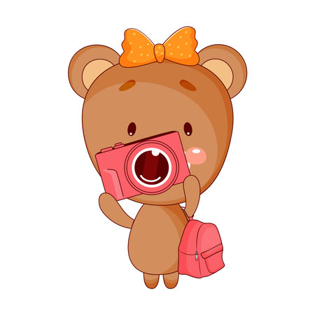 Cute baby bear cartoon girl with backpack and camera. Vector illustration.のイラスト素材