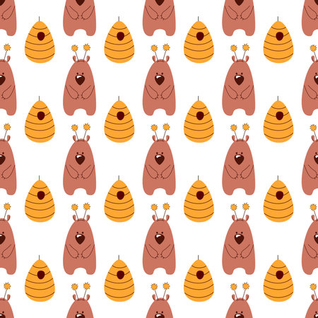 Seamless pattern bear in hand drawn style on white background. Vector illustration.の写真素材