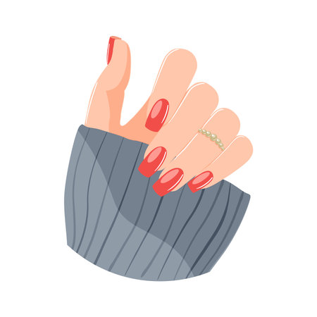 Fashion red manicure on woman hand. Hand drawn style. Glamor. Vector stock illustrationのイラスト素材