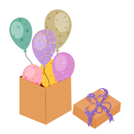 Gift box with colorful balloons, Vector illustration.のイラスト素材