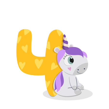 Unicorn birthday number four. Animal character vector illustration.のイラスト素材