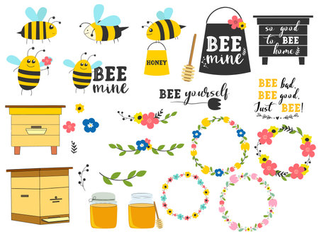 Yellow cute cartoon bee set on white background. Summer vector illustration.のイラスト素材