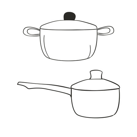 Doodle illustration with black pot pan doodle outline. Vector hand drawing illustration.のイラスト素材