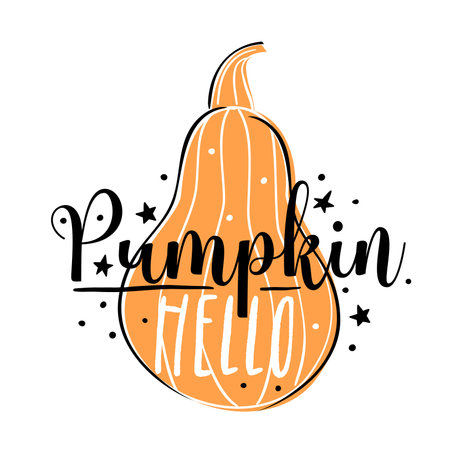 Hello pumpkin in doodle style. Vector print illustration.のイラスト素材